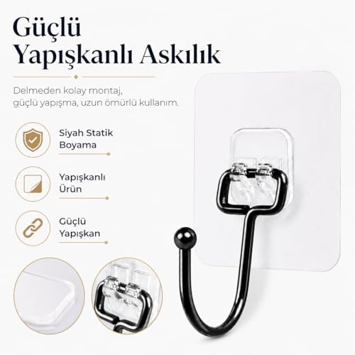 Yapışkanlı Siyah Askılık, Şeffaf Tabanlı Kancalı Banyo ve Mutfak Askısı, Delmeden Montajlı Metal Havlu ve Bez Askılığı (3 Adet Gönderilmektedir) - Görsel 3
