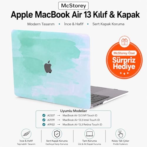 Alternative view of MacBook Air 13 İnç Kılıf A2337 M1 A2179 A1932 Uyumlu Hard Case Sert Kapak Suluboya Desenli UV Baskılı Koruyucu Kılıf İnce Hafif Laptop Kılıfı Açık Yeşil