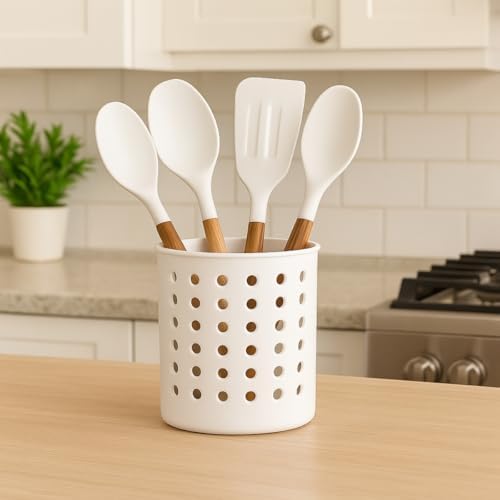 Beyaz Kaşıklık Beyaz Silindir Plastik Kaşıklık – Modern Delikli Tasarım, Hava Geçişli Dayanıklı Mutfak Düzenleyici Kaşıklık - Görsel 3