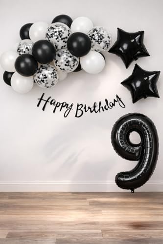 Siyah Konsept 9 Yaş Doğum Günü Kutlama Seti; Beyaz Siyah Konfetili Balon, Rakam Yıldız Folyo ve Banner - Görsel 3