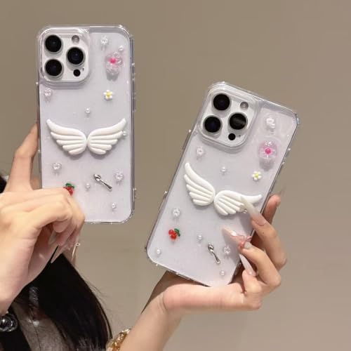 3D Melek Kanatlı Çiçekli Şeffaf Simli iPhone 15 Plus / 14 Plus Uyumlu Kılıf – Kamera Korumalı, Darbe Emici Silikon