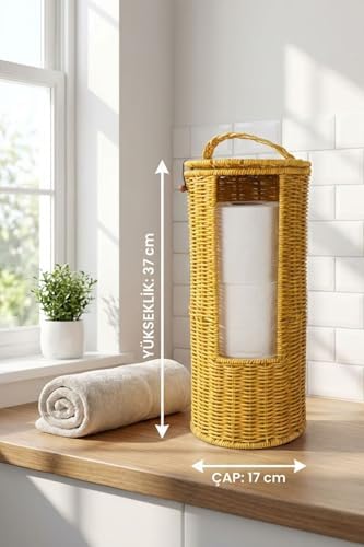 Alternative view of Hasır Görünümlü Plastik Rattan Tuvalet Kağıdı Standı, Askılı Kapaklı WC Kağıtlık, Yedekli Banyo Organizer, 37x17 cm
