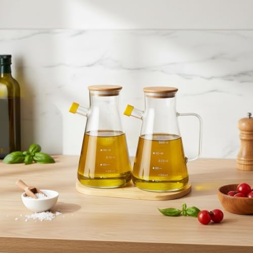 2'li Büyük Boy Şeffaf Cam Yağdanlık Seti - Bambu Kapaklı ve Standlı Elmas Desenli Yağlık Sirkelik (2 x 900 ml)