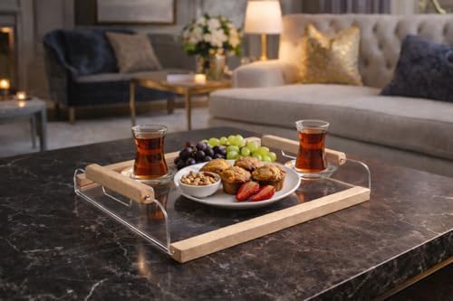 PİKAS Şeffaf Pleksi Sunum Tepsisi | Ahşap Tutma Saplı, Dekoratif Servis Tepsisi -Kahve, Parfüm ve Aksesuar Sunumu İçin İdeal Çözüm - Görsel 3