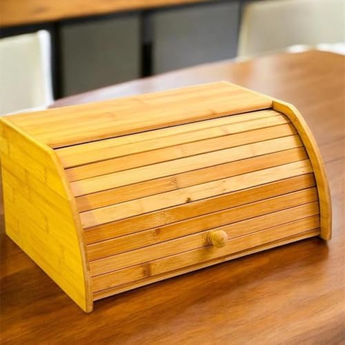 Doğal Bambu DEMONTE Ekmeklik, Ekmek Kutusu, Kayar Kapaklı, Geniş Hacimli, 38 x 23 x 19 cm