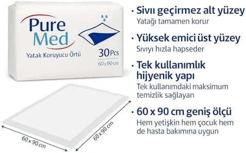 Yatak Koruyucu Örtü 60x90 cm – 30’lu | Tek Kullanımlık Sıvı Geçirmez Hasta Altı Örtüsü | Yüksek Emici Ped | Bebek, Yetişkin, Yaşlı ve Evcil Hayvan Bakımına Uygun