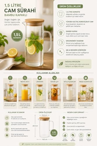 Cam Sürahi 1,5 Litre Bambu Kapaklı, Borosilikat Cam Sürahi, Limonata Sürahisi, Soğuk Çay ve Meyve Suyu Sürahisi, Şeffaf Cam İçecek Sürahisi, Damlatmaz Ağız Tasarımı, Ergonomik Kulplu - Görsel 3