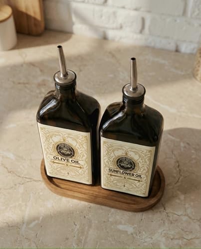 2'li Ahşap Stantlı ÇelikTıpalı 500 ml Cam Ayçiçek Yağı Zeytinyağı Şişesi Yağdanlık Vintage (YA) (FROLDEABEİGE) - Görsel 3
