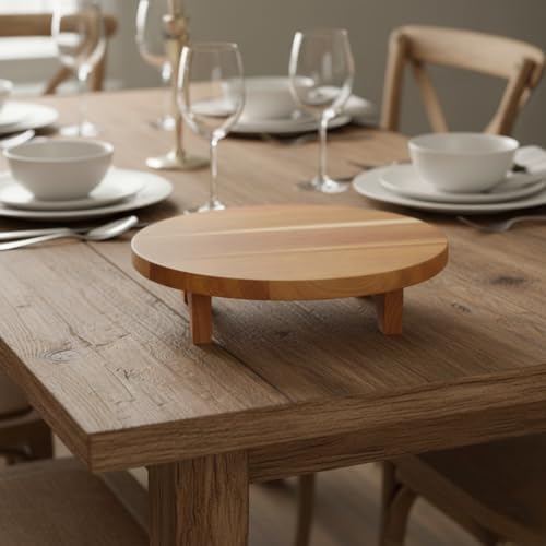 Akasya Ayaklı Yuvarlak Kesim Panosu ve Sunum Tahtası - Doğal Ahşap Et, Peynir ve Steak Servisliği - 25 cm Dekoratif Mutfak Standı - Görsel 3