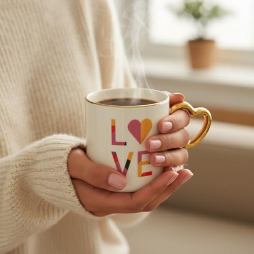 Gold Saplı Porselen Kalp Kupa - 400 ml Büyük Boy Lüks Tasarım - 4 Farklı Modelden Biri (Sürpriz/Asorti) - Altın Yaldızlı Şık Hediyelik Mug - Görsel 2
