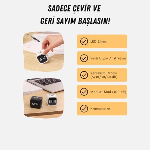 GT-1 Pomodoro Zamanlayıcı Küp, Flip Timer, Öğrenci Ders Çalışma Saati, 5/10/30/60 dk & Özel Geri Sayım, USB Şarjlı, Sessiz/Titreşimli Alarm, Mutfak Kronometresi - Siyah - Görsel 3