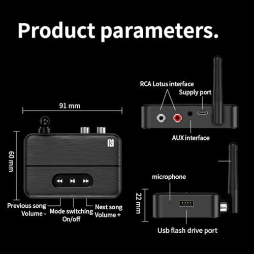 NFC Bluetooth 5.4 Ses Alıcısı – AUX & RCA Bağlantı, Type-C Güç, USB’den Müzik Çalma, Araç & Ev Hoparlör/Amfi için Kablosuz Ses Adaptörü, Hi-Fi Stereo, 10m Çekim Mesafesi M60 - Görsel 3