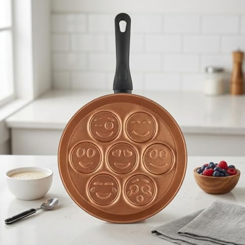 Redio Emoji Pankek ve Yumurta Tavası - 7 Bölmeli Gülen Yüz Tasarımlı, Yanmaz Yapışmaz Krep Tavası (28 cm) (BRONZ) - Görsel 3