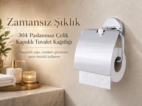 Alternative view of Kapaklı Tuvalet Kağıtlığı, 304 Paslanmaz Çelik, Krom Kaplama Wc Kağıtlık, Yapışkanlı ve Vidalı Montajlı, 5 Yıl Garantili Banyo Aksesuarı