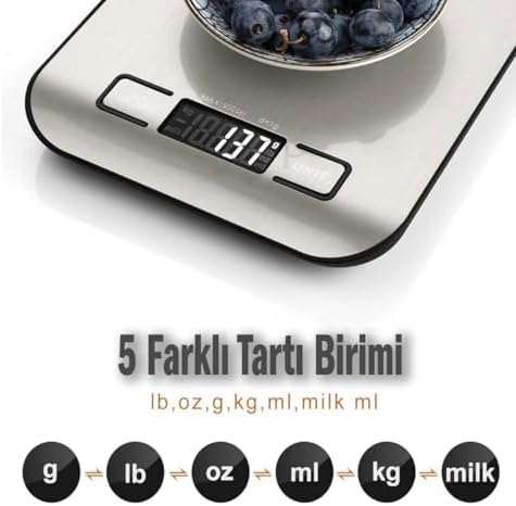 Alternative view of Techfit TF-1002 Dijital Mutfak Terazisi, 5 kg Kapasiteli, Paslanmaz Çelik, LCD Ekran, Dara Fonksiyonlu, g/ml/oz/lb Ölçüm Birimleri
