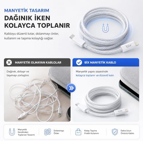 Alternative view of T4CL-BK 1 Metre Siyah 27W Type C to Lightning Şarj Kablosu, Manyetik Tasarımlı Örgülü Hızlı Şarj ve Data Kablosu, (Tüm Lightning iphone ve ipad ile Tam Uyumluluk)