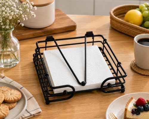 Metal Kare Peçetelik Siyah Masa Üstü Peçete Organizeri, Yaylı Baskı Sistemli Peçete Tutucu, 19x19x4 cm Modern Mutfak Peçeteliği, Tezgah Üstü Peçete Düzenleyici, Masası İçin Peçetelik - Görsel 3