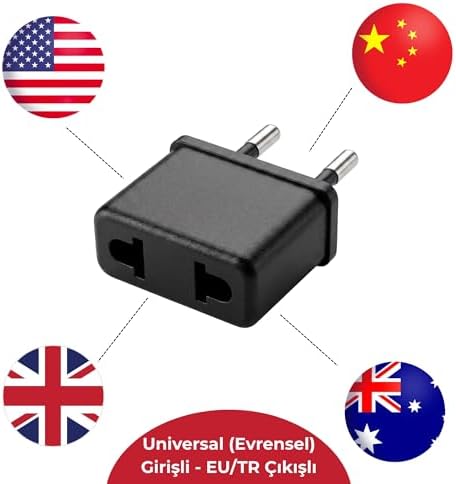 Universal Priz Dönüştürücü Adaptör - US/UK/AU/CN to EU/TR Fiş Çevirici - Amerikan/İngiliz Tipi Fişi Türk Tipi Prize Dönüştüren Siyah Kompakt Adaptör