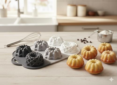 6 Bölmeli Silikon Muffin ve Mini Kek Kalıbı - 3 Farklı Estetik Geometrik Desen, Yapışmaz ve Esnek Pişirme Seti, Modern Degrade Tasarım (Gri-Beyaz-Antrasit) - Görsel 3
