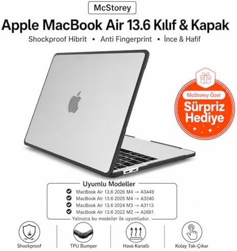 Alternative view of MacBook Air 13.6 inç M2 M3 M4 M5 Uyumlu Darbe Korumalı Sert Kılıf | Rugged Koruma Hard Case – A2681 A3113 A3240 A3449 Güçlendirilmiş Köşe Koruma Şeffaf