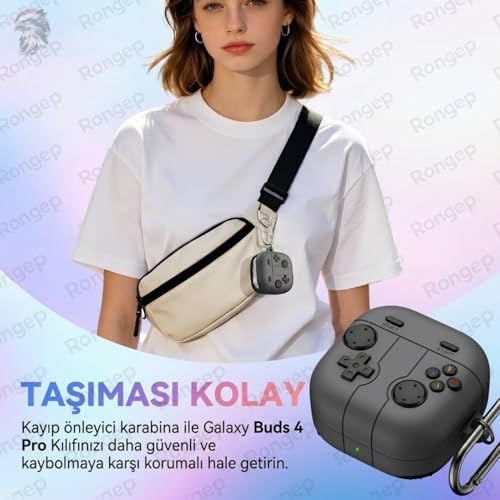 [Gamepad-Design]  Galaxy Buds 4 Pro/Buds 4 için Kılıf Darbe Emici Köşe Korumalı Galaxy Buds4 Kulaklık Kılıfı Yumuşak Dokulu Oyun Konsolu Görünümlü  Buds 4 Pro Kılıf (Koyu Gri)
