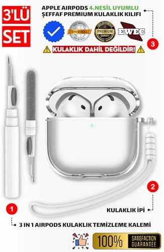 4.Nesil Uyumlu Şeffaf Premium Kulaklık Kılıfı, Kulaklık İpi Ve 3'ü 1 Arada Temizleme Kalemi Seti (Şeffaf) - Görsel 3