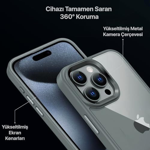 iPhone 15 Pro için Hybrid Serisi Arkası Kristal Şeffaf Polikarbonat Kenarları Silikon Kamera Lens Çerçevesi ve Tuşları Metal Yüksek Kalite Şeffaf Silikon Kılıf (Titanyum Gri, Klasik)