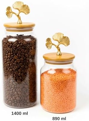 Alternative view of 2’Li Altın Metal Ginkgo Figürlü Bambu Kapaklı Cam Kavanoz – Saklama Kabı 1400Ml + 890 Ml