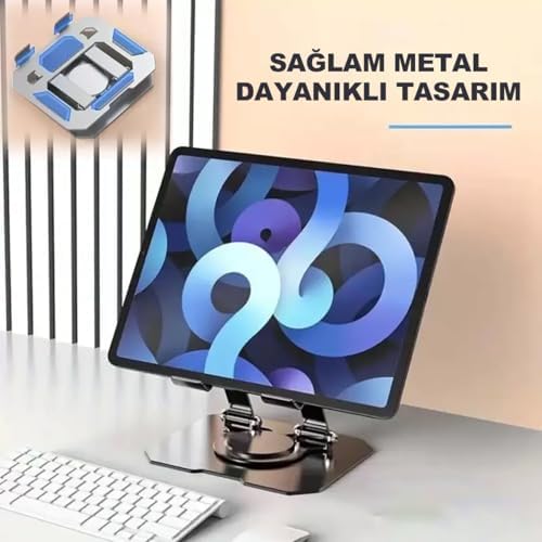 ROBEVE Tablet Standı 360 Derece Dönebilen Tablet Stand Katlanabilir Metal Tablet Tutucu Standı Tablet ve Telefon Tutucu Stant Tablet Tutucu Metal (Metalik Gri)