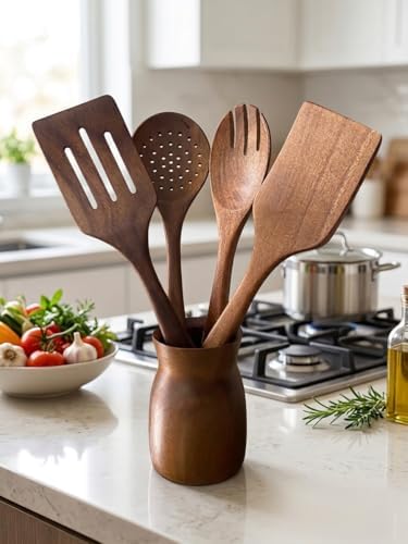 Premium Akasya Ağacı Mutfak Gereçleri Seti - 4 Parça Kaşık/Spatula Seti ve Şık Ahşap Tutucu - Gıdayla Temasa Uygun, Doğal ve Antibakteriyel - Mutfak İçin Ergonomik Tasarım - Görsel 3