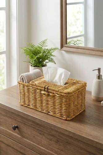 Bölmeli Kapaklı Doğal Rattan Görünümlü Hasır Organizer Sepet, Peçetelik, Makyaj ve Takı Düzenleyici, Plastik, 24x10x10 cm - Görsel 3