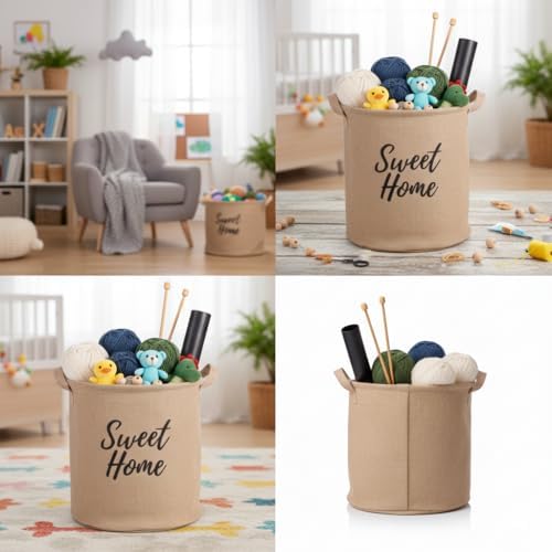 Yuvarlak Jüt Düzenleyici Sepet (Çap 32cm, Yükseklik 36cm) – Krem Renk Katlanabilir Kumaş Kulplu Organizer | Büyük Boy Oyuncak, Çamaşır, Battaniye ve Ev Tekstili Sepeti - Görsel 3