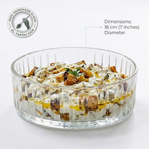 Pupa Model El Yapımı Üfleme Cam Sunum Kasesi - Optikli (Çizgili) Dekoratif Salata, Meyve ve Meze Kasesi (14x6 cm)