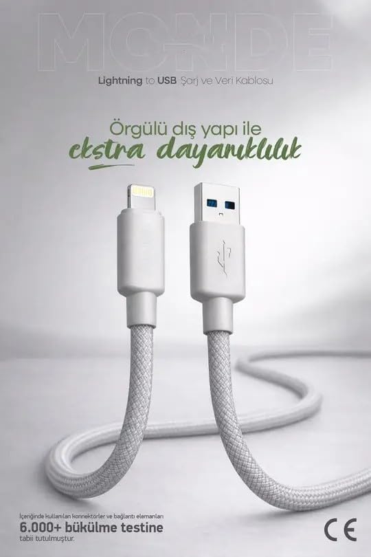 12W Monde USB-A to Lightning ile Uyumlu Şarj ve Data Kablosu 1m