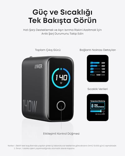 Alternative view of 140W USB-C Şarj Cihazı, 4 Bağlantı Noktalı, Çoklu Cihaz Hızlı Şarj Gücü, Gelişmiş GaN Güç Kaynağı, Dokunmatik Kontrol, Siyah - B2697