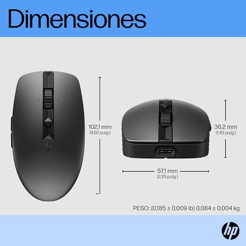 HP 710 Fare | USB-C üzerinden şarj edilebilir | 6 tuşlu | 3.000 DPI | sessiz | 90 güne kadar pil ömrü | 2,4 GHz dongle veya Bluetooth | 84 g | siyah