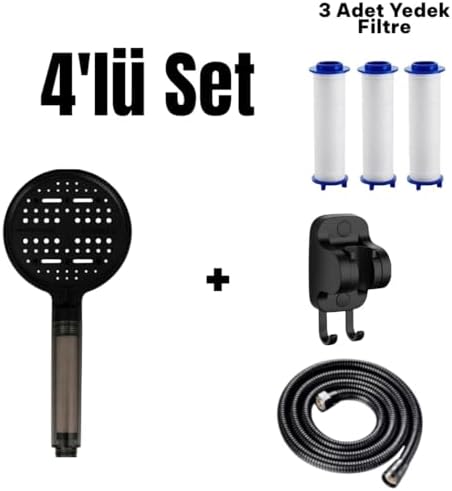 Alternative view of 4'lü Set 6 Fonksiyonlu Filtreli Duş Başlığı +3 Adet Yedek Filtre+ 150 cm Duş Hortumu + Siyah Yapışkanlı Askı Aparatı