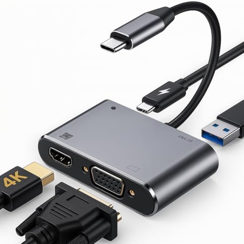 4İN1 USB C HDMI VGA adaptörü, USB C hub, 4K HDMI, 1080P VGA, USB 3.0, USB C PD şarj, MacBook Pro/Air/iPad Pro 2018 / Dell XPS/ Uyumlu