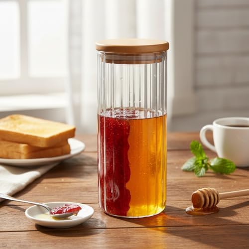 Linie Serisi Bambu Kapaklı Borosilikat Cam Kavanoz - 350 ml Çizgili Vakumlu Baharatlık, Çay ve Kahve Saklama Kabı