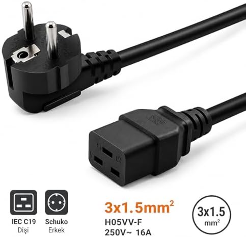 PX-SRV5 5 Metre 3x1.5mm C19 Server Power Kablo, Full Bakır C19 Schuko Güç Kablosu, 16A 250V Sunucu PDU UPS Veri Merkezi Güç Bağlantı Kablosu, Siyah - Görsel 3