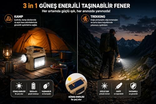 MAX Energy 3in1 Güneş Enerjili Taşınabilir Fener, Çok Amaçlı Güneş Enerjili Projektör, Profesyonel Güçlü Işıklı Şarjlı LED,Trekking & Balıkçılık, Kamp & Acil Durum Şarjlı, Taşınabilir, Çok Amaçlı Krem - Görsel 3