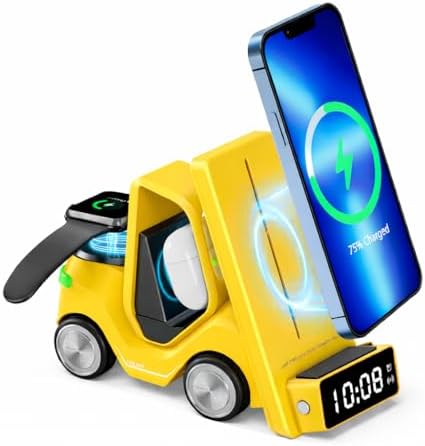T20 15W 5’i 1 Arada Magsafe Kablosuz Şarj İstasyonu, Dijital Saatli Forklift Tasarım, iPhone 16/15/14/13/12, Apple Watch, AirPods Uyumlu Masaüstü Hızlı Şarj Standı (Sarı)