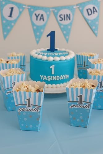 1 Yaş Erkek Doğum Günü Mavi Popcorn Mısır Kutusu – 8 Adet Mısır Kutusu Parti Süsleme ve Sunum Kutusu - Görsel 3