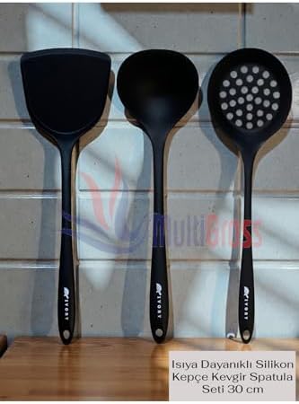Isıya Dayanıklı Yanmaz Yapışmaz Kepçe Spatula Kevgir Seti 3 Parça, Siyah - Görsel 3