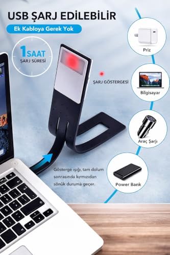 Neo Vista Şarjlı Kitap Okuma Lambası, LED Masa Lambası, 3 Renkli Kademeli Dimmer, Mandallı Kitap Işığı - Görsel 3