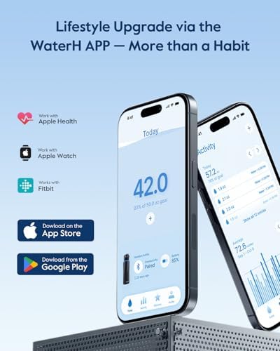 WATERH Boost Yalıtımlı Paslanmaz Çelik Akıllı Su Şişesi, 32 oz Bluetooth Akıllı İzleyici ve İçecek Hatırlatma (Siyah) - Görsel 3