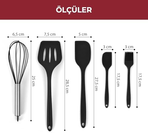 Pikas Silikon Spatula Seti 5’li - Çırpıcılı, Yapışmaz Tava Uyumlu, Isıya Dayanıklı Mutfak Seti (Siyah) - Görsel 3