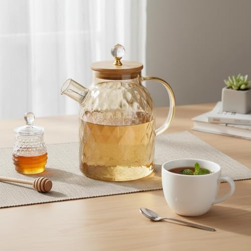 1600 ML Desenli Isıya Dayanıklı Cam Demlik - Ahşap Kapaklı, Gold Detaylı Büyük Boy Borosilikat Çaydanlık - Görsel 3