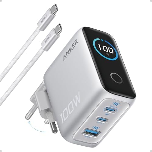 Alternative view of Şarj Cihazı, 100W Maksimum Güç, Kompakt, 3 Bağlantı Noktalı, GaN USB-C Şarj Bloğu, Akıllı Ekran ve Dokunmatik Kontrol, Gümüş - B121B