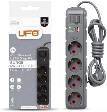 Yeni 4lü Akım Korumalı Grup Priz 1,5 Metre Bakır Kablolu, 5V 2,4A USB ve Type-C ile Şarj, Anahtarlı Topraklı Priz, Sürekli Koruma, 16A 250V, Max 3500W Aşırı Yük Koruması, 1,5m. Gri renk - Görsel 3